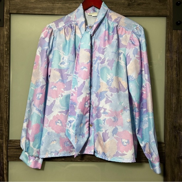 Vintage Anderson-Little Floral Paste Pink & Blue 70's Secretary Blouse with Bow - Picture 2 of 10